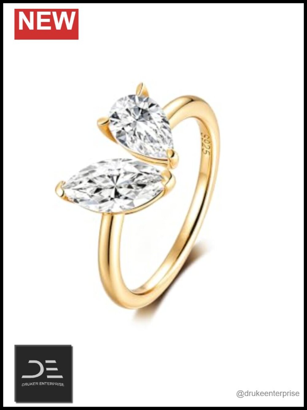 2 Carat Moissanite Toi Et Moi Open Ring, Adjustable, Sterling Silver Gold Plated